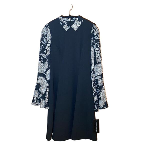 Andrew Marc - Black and Champagne Paisley Dress - Flare Sleeve - Size 4 - Picture 1 of 16